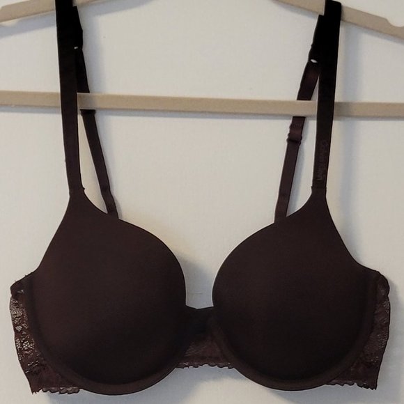 Calvin Klein  beautiful brown padded underwire lace bra w/logo strap sz: 34C - Picture 1 of 5